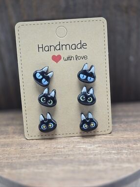 NWT Kawaii 6 Pairs of Black Cat Earrings Pierced Stud Cat Lady Jewelry Handmade